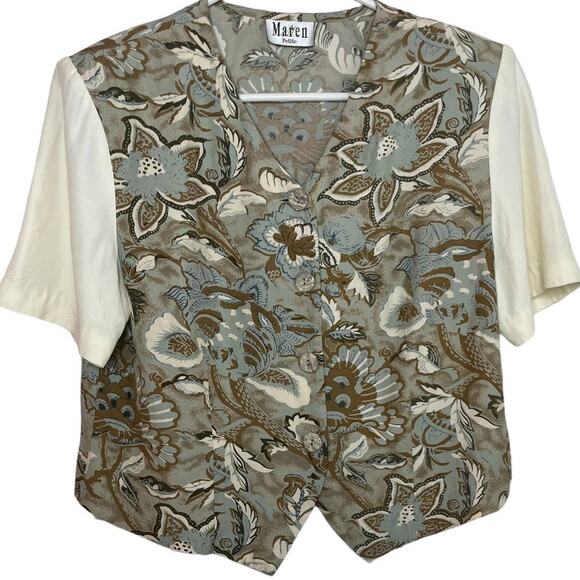 Vintage 90s Maren Cream Sage Green Gold Blouse Neutral Top Med Fall Boho Preppy - Picture 1 of 5